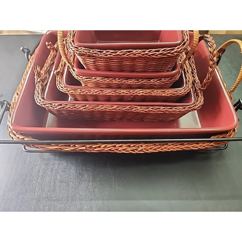 New Temptations RED Stone Casserole Bakeware Dish Set w/Handled Baskets
